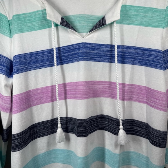 T by Talbots Large Brush Stripe Tassel Split Neck Pullover 3/4 Sleeves Beach - Picture 4 of 11